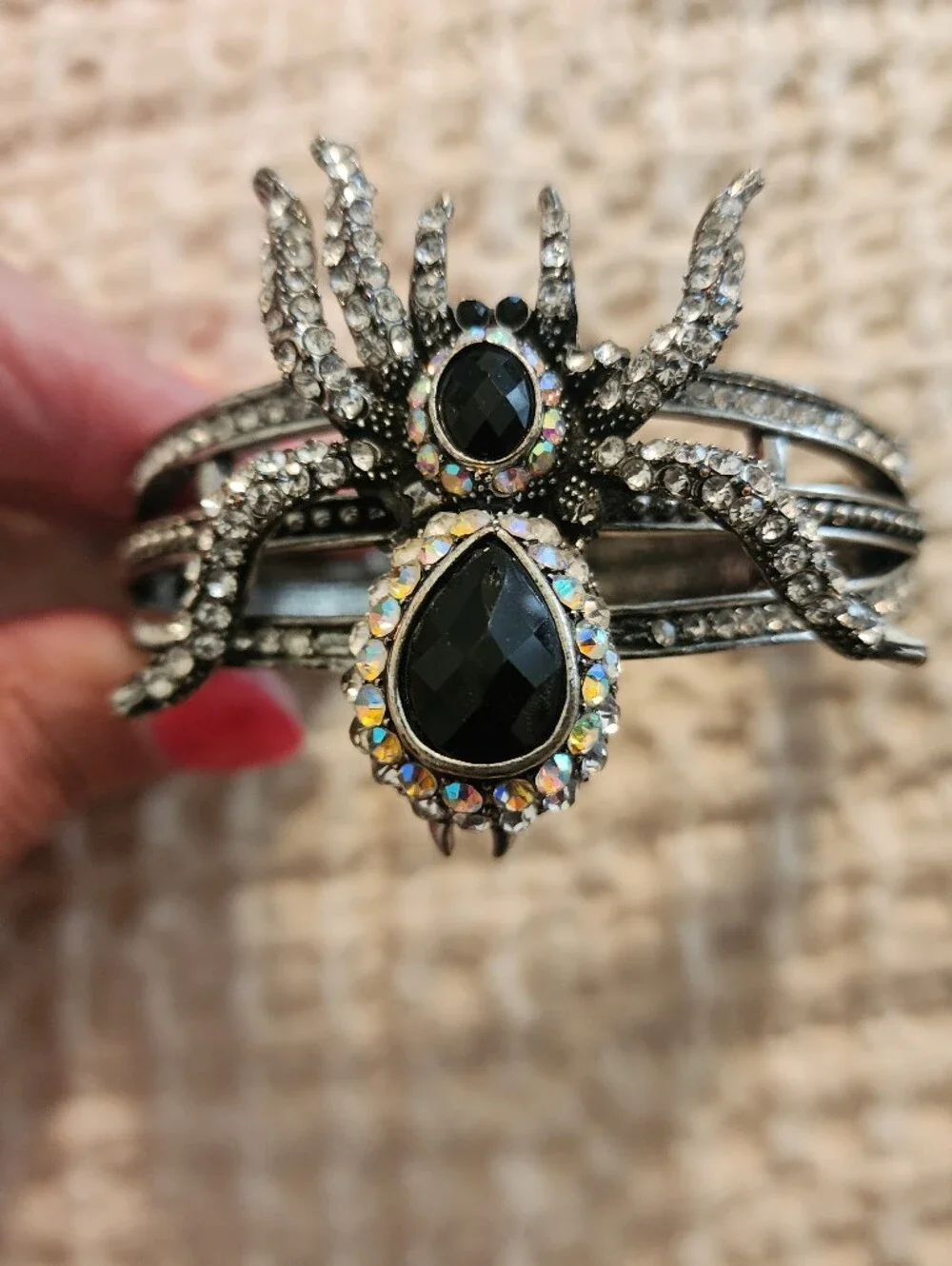Ornate Vintage Black Rhinestone Silver Spider Clamp Style Bracelet Halloween